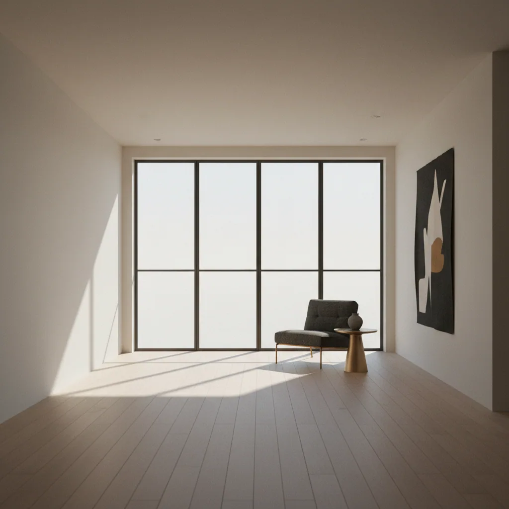 Een rustige, minimalistische kamer met zachte daglichttinten en een houten bureau met een opengeslagen notitieboek