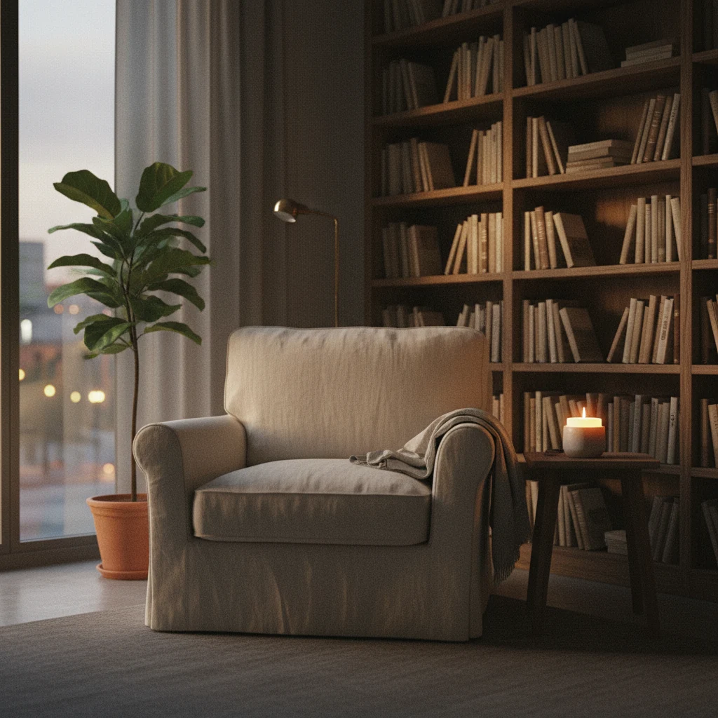 Een rustige woonkamer hoek met een boekenplank, een brandende kaars en een plant naast een leunstoel, zonder mensen